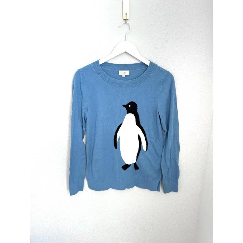 LOFT Women’s Sz S Blue Penguin Pullover Sweater Graphic Crew Neck Long Sleeve